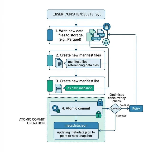 Flow diagram of an Iceberg write: an INSERT/UPDATE/DELETE statement leads to 1. write new data files to storage (e.g., Parquet), 2. create new manifest files referencing the data files, 3. create a new manifest list as a new snapshot, and 4. an atomic commit that updates metadata.json to point at the new snapshot. An optimistic concurrency check after the commit either succeeds or sends the writer back to step 1 to retry.